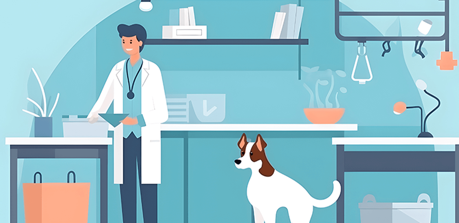 Illustration salle de consultation avec un vétérinaire et un chien blanc et marron
