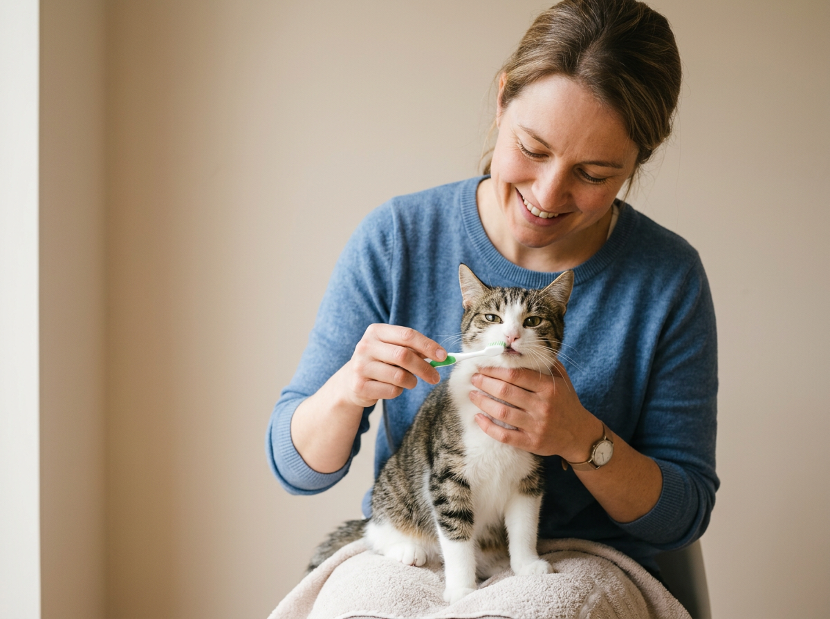 firefly une personne qui brosse les dents de son chat avec une brosse a dent. l'arriere plan 525947